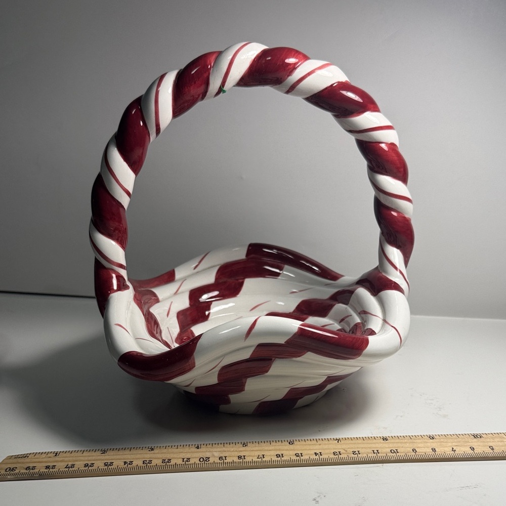 Lillian Vernon Twisted Handle Swirled Ceramic Basket - Red and White Candy cane